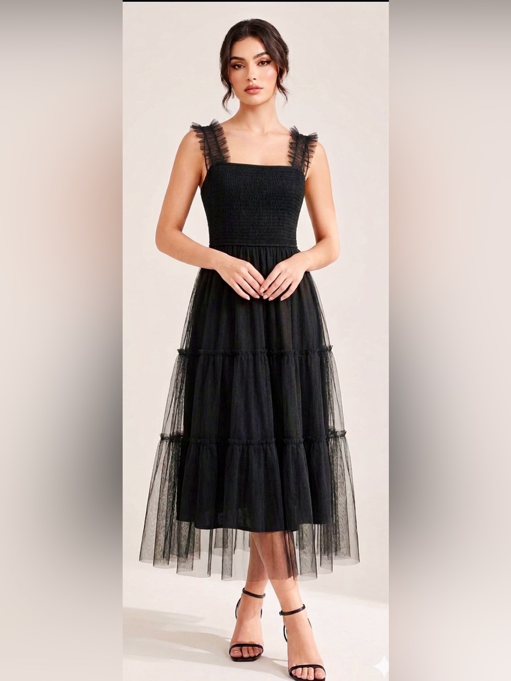 Black Mesh Lace Smocked Midi Dress - Romantic & Versatile NWT